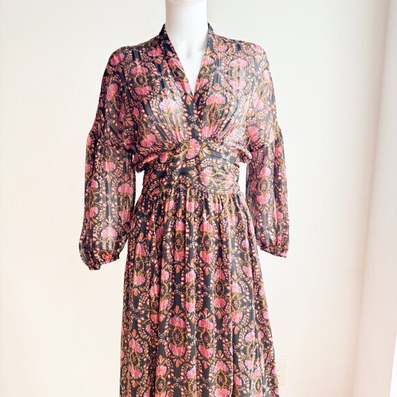Zara Dark Florals Wrap Long Sleeve Chiffon Maxi Dress S - Picture 5 of 9